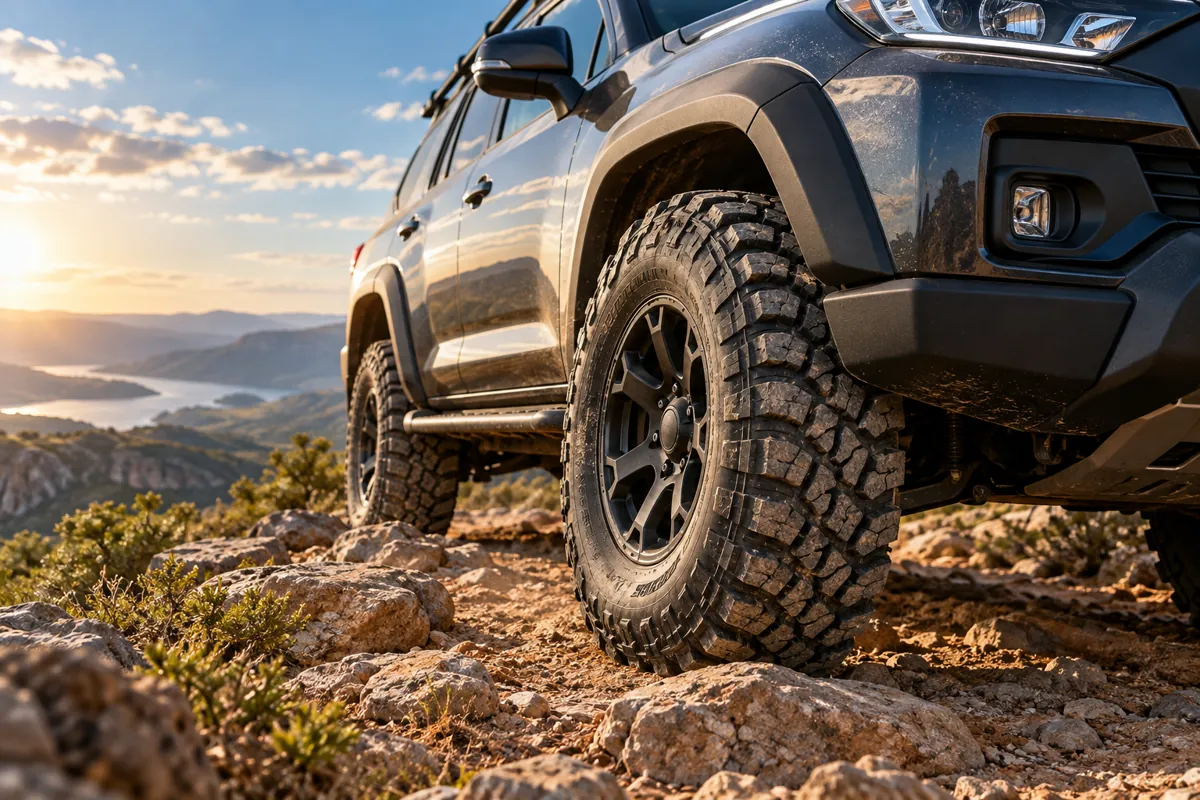 Pneu off-road em terreno de pedra